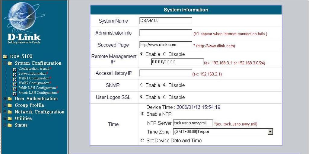 System Configuration > System Information System Name: Administrator Info: DSA-5100 is the default system name.