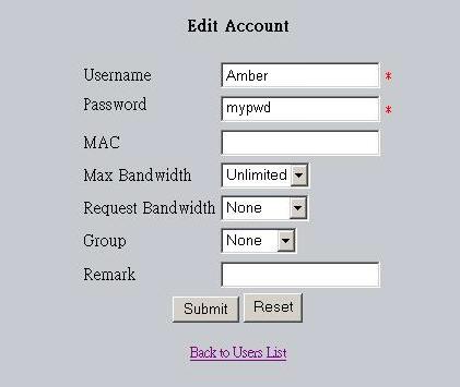 Authentication Methods > Local > Local Users List > Add User> Edit Account Edit Account: Edit the account here.