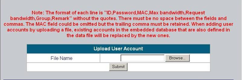 user account. Click Submit to complete the upload. The format of the uploaded file should be a text file.
