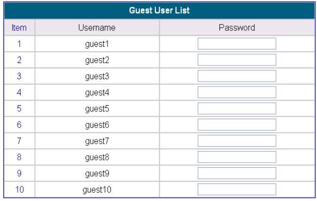 User Authentication>Guest User List Password: Enter a password to activate a guest account. Up to ten guest accounts can be defined.