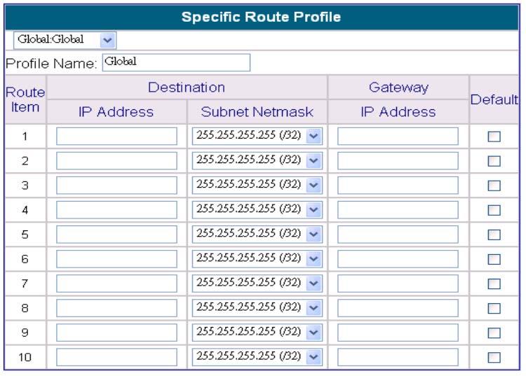 Group Profile > Specific Route Profiles If you want networks to have access to each other, you should add a specific route in the DSA-5100. Profile Name: Name the specific route profile.