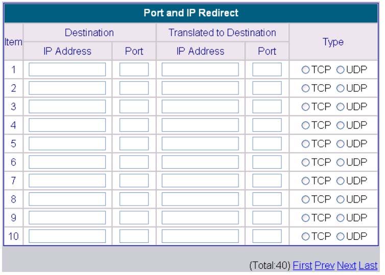 Network Configuration > Network Address Translate (continued) Port and IP Redirect When any user attempts to connect to a destination defined in this interface, the connection packet will be