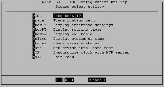 Console Interface > Utilities for Network debugging The DSA-5100 console interface provides several utilities to assist the Administrator.