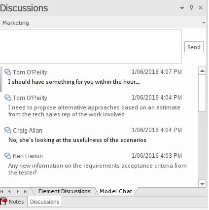 Model Chat The Discussions window has a 'Chat' tab that provides the facility of following and participating in quick conversations on a point of interest, with members of a selected user group.
