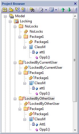Locked Element Indicators When a user sets a lock on an item through User Security, the lock status of the item is indicated in the Project Browser by a marker against the item - a red or blue