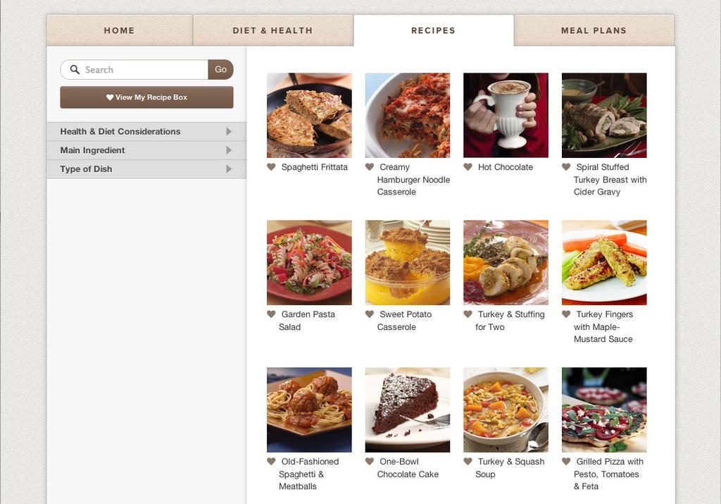 NUTRITION Recipes Click the Recipes tab to search for recipes by Health & Diet Considerations, Main Ingredient or Type of Dish.