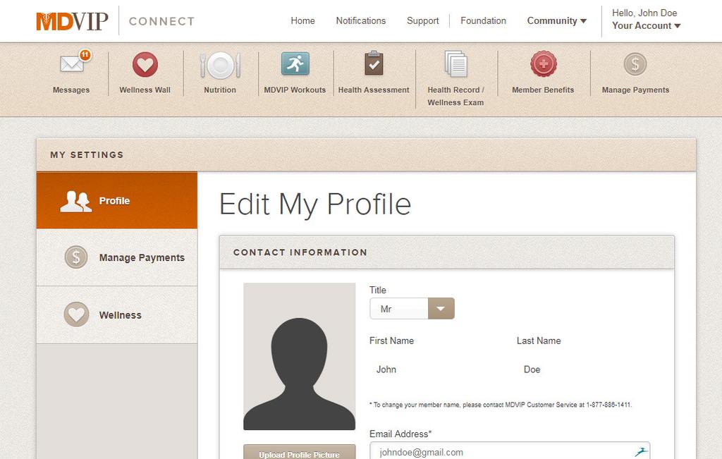 PROFILE SETTINGS 4 Profile Settings The Your Account navigation within MDVIP Connect is designed for ease of use.