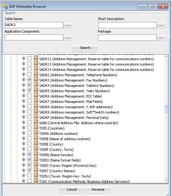 Reverse-Engineering the SAP Source Datastores The Search Panel The Search option group allows you search specific objects in the browser, based on: Table Name Short Description Application Component