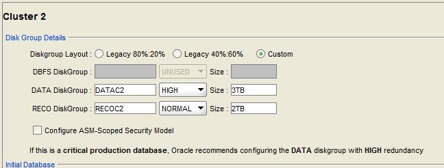 OEDA Configuration Tool Cluster Configuration Grid infrastructure installed in each VM (grid disks owned by a VM cluster) Cluster 1 - DATAC1 / RECOC1 across all cells Cluster 2 - DATAC2 /