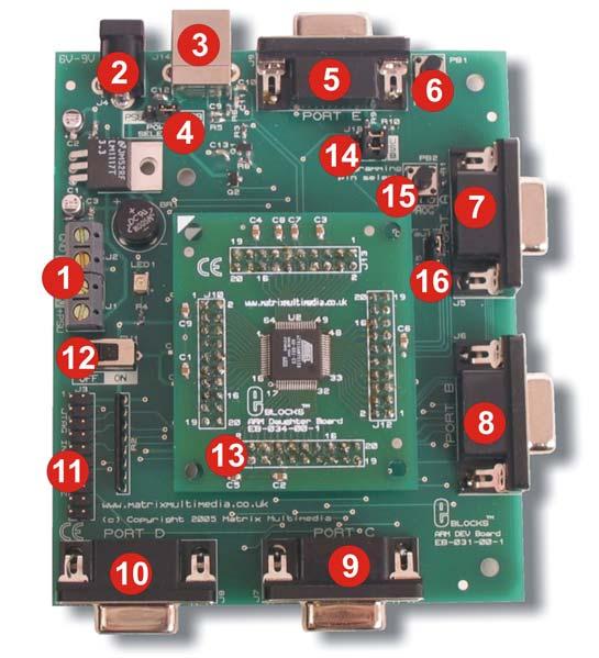 3 Board layout EB18574-1.cdr 1. Screw terminals 2. Power connector 3. USB connector 4. Power selector link block 5. Port E I/O 6. Reset switch 7. Port A I/O 8. Port B I/O 9. Port C I/O 10.
