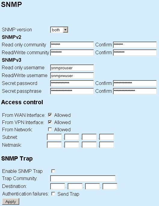 SNMP contains the following parameters: SNMP version Select from v1 v2,