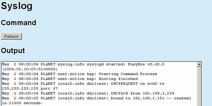 3.8.6 Syslog Syslog contains the following parameters: Refresh button Press this button