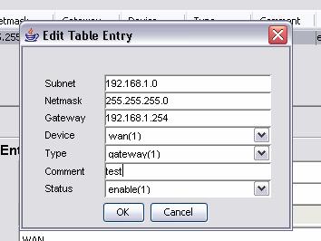This table consists of seven columns: Subnet Specifies the Subnet IP Address of the route Netmask Specifies the Netmask corresponding to the Subnet IP Address of the route Gateway Specifies the