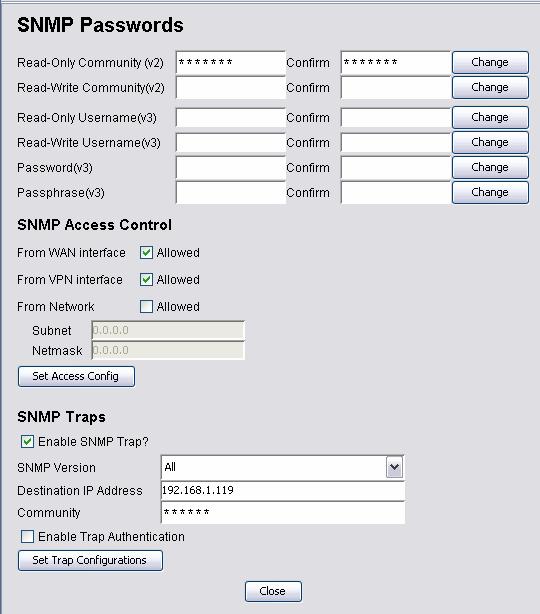 4.3.7 Config > Management > SNMP Password This panel is basically separate to three different sections. The upper panel is used to change or reset the SNMP v1, v2c and v3 passwords.