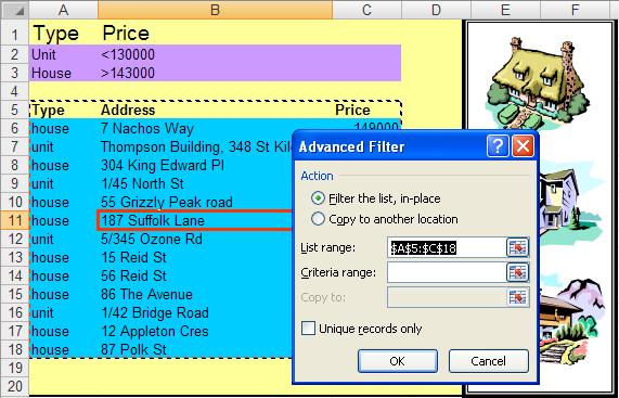 1. Click on the Home worksheet in the Lists file The worksheet should appear as shown below. Criteria Range List Area 2.