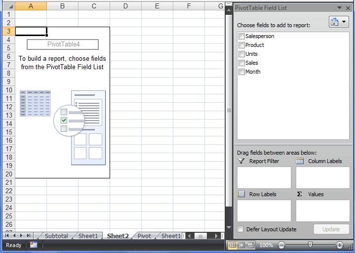 Managing Lists of Data 1 The new worksheet will be displayed and the PivotTable task pane is opened as shown below.