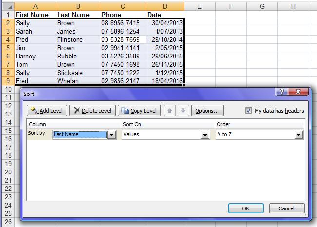 Click on the Sales staff worksheet and click on any cell within the list 2. Click on the tab Data Sort Sort The Sort dialog box is displayed as shown below and the entire list has been selected.