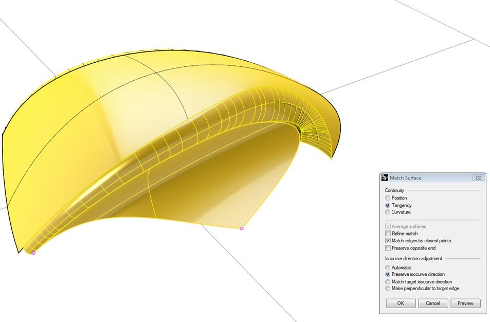 Then we need to mach it to the surface edges, using the options shown below: Rebuild the matched surface to give it at