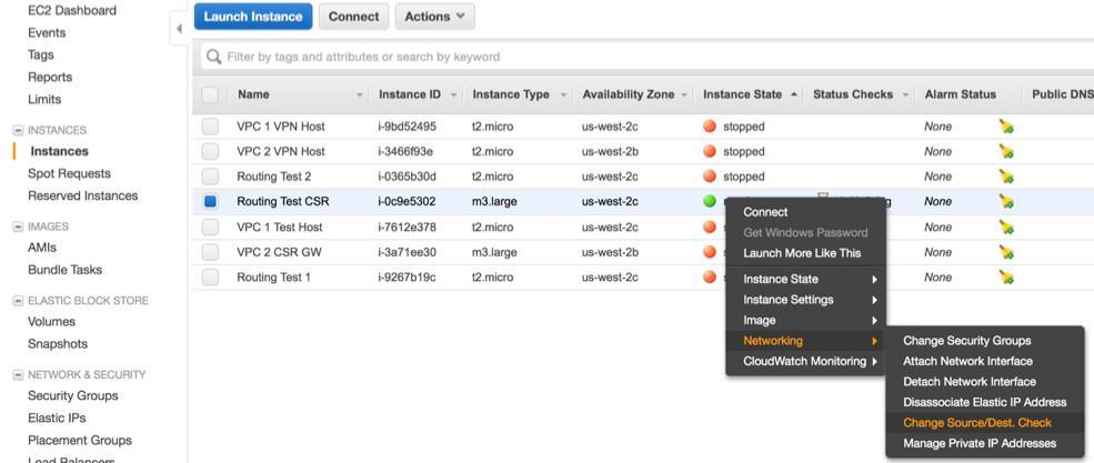 Toggle the Source/Dest Check option to allow a CSR instance to pass traffic for other subnets