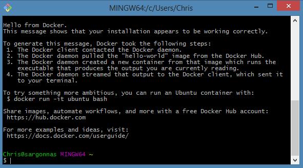 If you open VirtualBox you ll see a new default VM, which is what Docker will use. Let s start a Docker container to make sure all that underlying software is working.