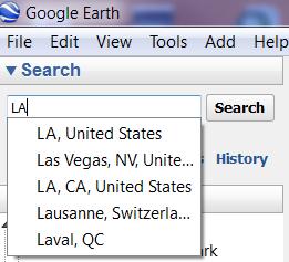 Part 1: Placemarks 1. Locating a Geographical Area a. Open up Google Earth. b. In the Search text box in the upper left-hand corner, enter LA, CA, USA and click on Search. c. Google Earth will fly to the town.