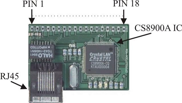 Figure 3: The embedded ethernet board Figure 4 shows the pin connections between the EEB, the BS2P40 demo board, and the BS2P40. 3. Software Environment Figure 4: Pin connections between the EEB to BS2P40 The software environment of this paper consists of primarily PBasic and Java.