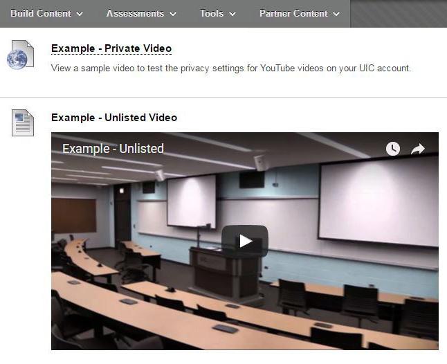 inside lackboard based on their privacy setting: Public and Unlisted videos can be embedded into