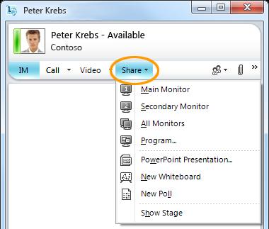 2. When the conversation window opens, click the Share menu. 3. Choose which monitors to share.
