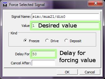 with ModelSim Basic Entry We can use the GUI to force signals by right clicking on the signal name and select Force.