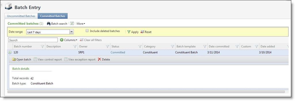 select to include deleted batches. To clear the filter criteria, click Reset. Use the search field to search for specific batches using details of the batch, such as the batch template name or owner.