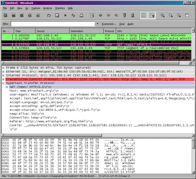 command menus display filter specification listing of captured packets details of selected packet header packet content in hexadecimal and ASCII Figure 3: Wireshark Graphical User Interface, during