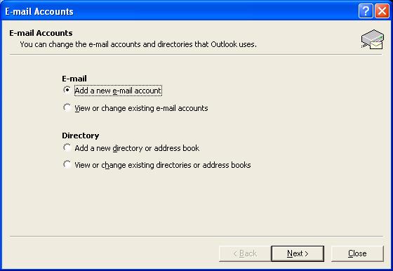 accept the default choice Add a new e-mail account, and then click