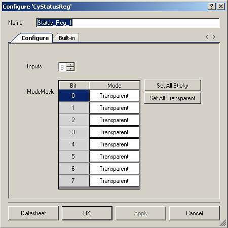 PSoC Creator Component Datasheet Component Parameters Drag a onto your design and double-click it to open the Configure dialog. Inputs Number of input terminals (1 to 8). The default value is 8.