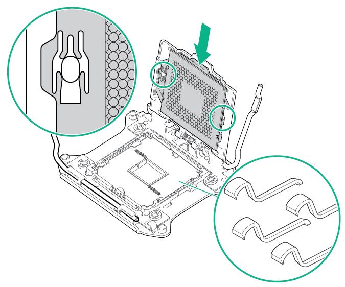 11. Install the processor. Verify that the processor is fully seated in the processor retaining bracket by visually inspecting the processor installation guides on either side of the processor.