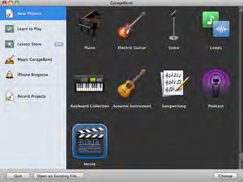 1. Choose File > New. The New Project dialog appears. 2. Click New Project, then choose Movie. 3. Click Choose. A new, empty movie project appears in the GarageBand window.