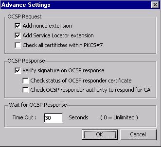 3 Advance Configuration The Options > Advance Settings menu item is used to configure aspects of the OCSP request, processing options for the OCSP response and timeout settings: The OCSP Request