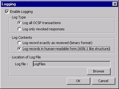 5 Logging Configuration The Option > Logging menu item is used to configure the OCSP transactions: The OCSP Client Tool logging can record either all OCSP request/responses or just those OCSP