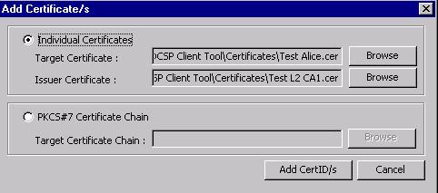 Certificates can be added which are either part of a PKCS#7 certificate chain or as an individual certificate.