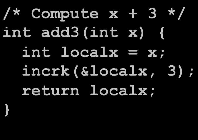 Pointer Code GeneraWng Pointer /* Compute x + 3 */ int