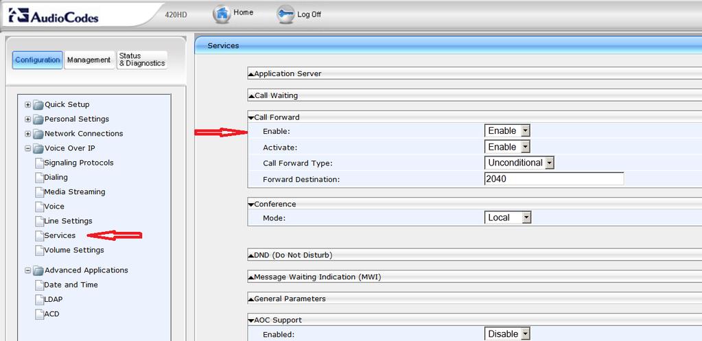 Using the Web interface, Configuration -> Voice Over IP -> Services -> Call Forward, enable call forward by selecting Enable.