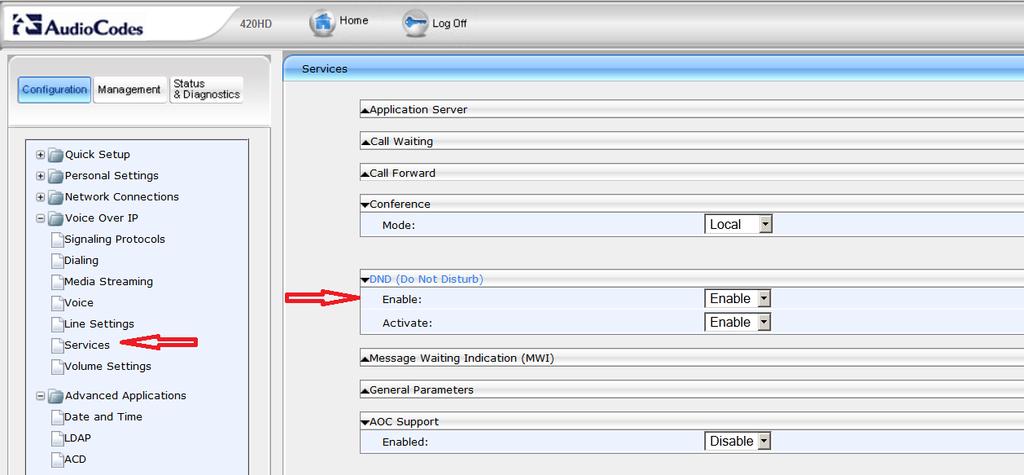 Using the Web interface, Configuration -> Voice Over IP -> Services -> DND (Do Not Disturb), enable DND by selecting Enable.