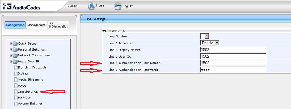 Using the Web interface, Configuration -> Voice Over IP-> Line Settings, specify login credentials for SIP authentication in the Authentication User Name and Authentication Password fields.
