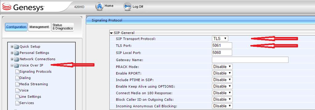 1. Using the Web interface, specify the SIP Server IP Address, SIP Transport Protocol set to
