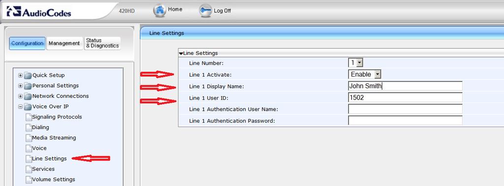 Call Control Using Phone Feature Key Actions and Procedures 1. Using the Web interface, Configuration -> Voice Over IP-> Line Settings: a. Activate the line by setting Activate to Enable. b. Specify the Display Name and User ID.