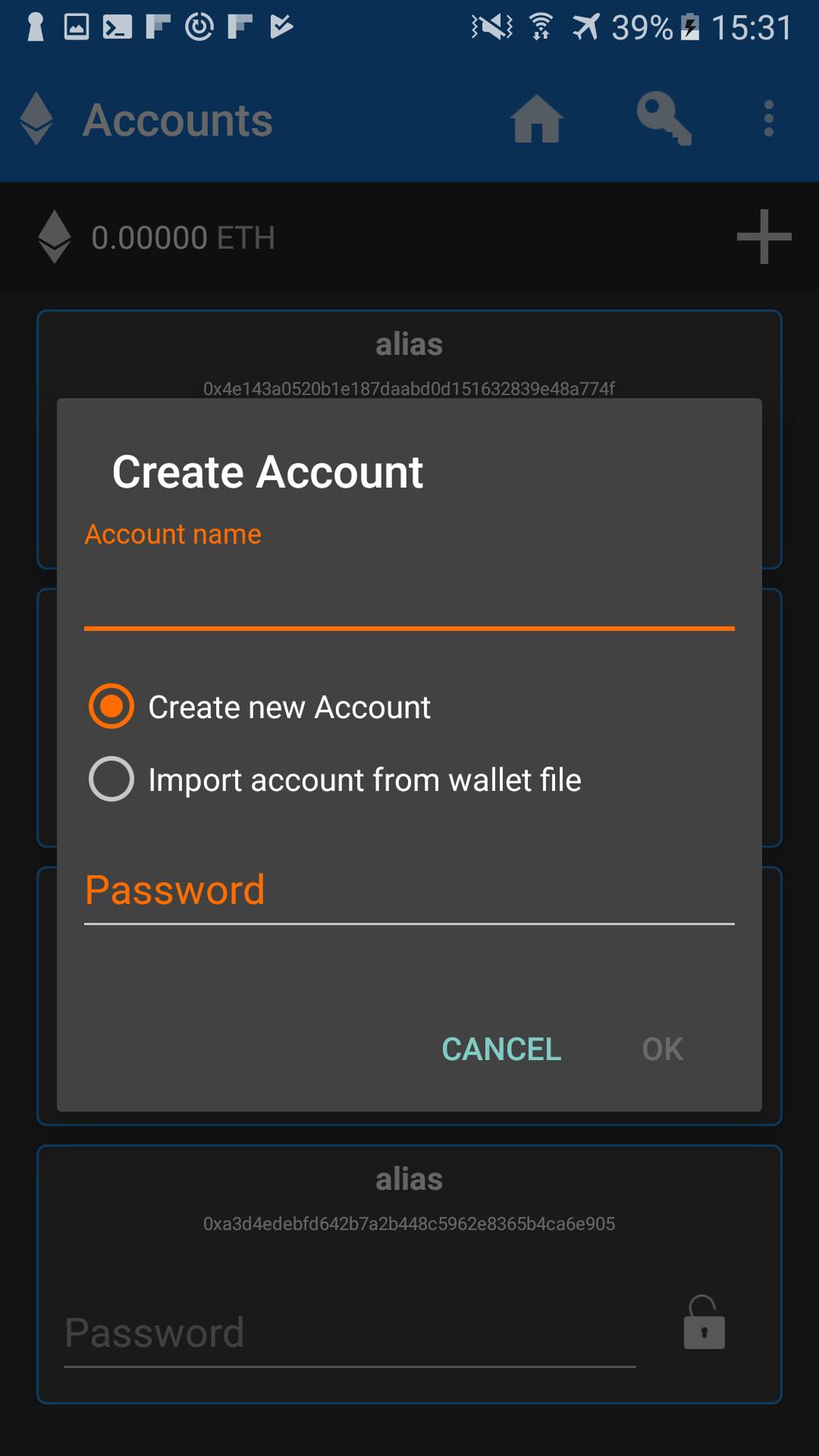 The AccountActivity also provides the AccountDialogFragment (2) to create new accounts or to import existing accounts from a wallet file on the file system.