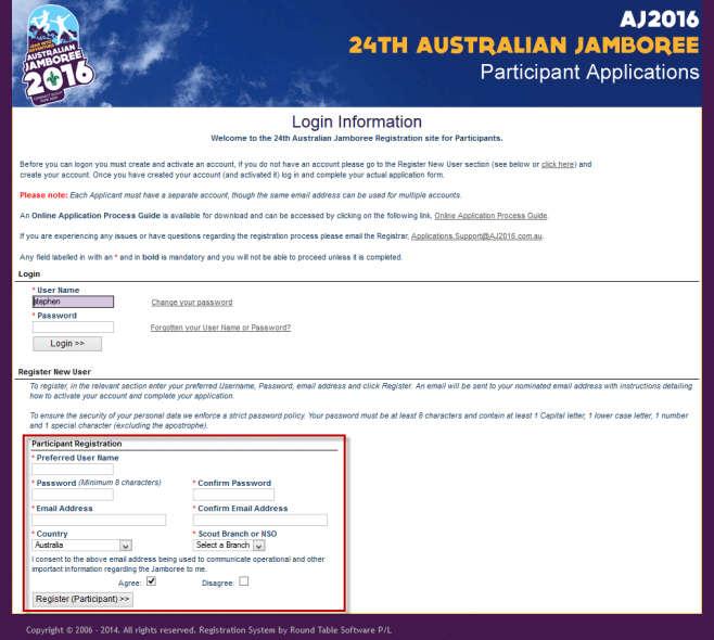 Online Application System User Guide 1 Creating an Account and Logging in Each participant must complete the On-Line Application on the Venture website, https://av2018.scouts.com.au, Select Information -> Applications.