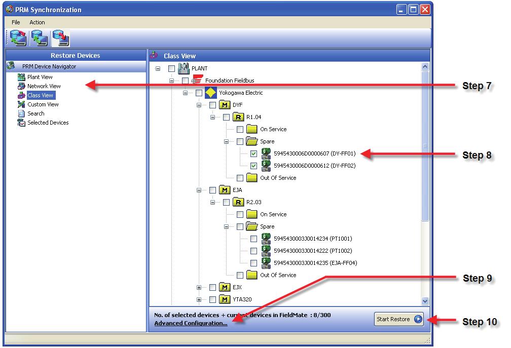 <3 PRM Synchronization Tool start> 3-3 7. Select a PRM Device Navigator option: [Plant View] to display Plant view in the right pane. [Network View] to display Network view in the right pane.