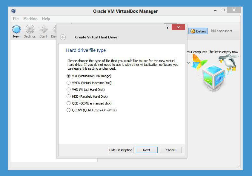Select type vdi and