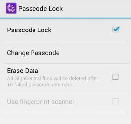 Check the Erase Data box if you wish to delete all GigaCentral files upon 10 failed passcode attempts.