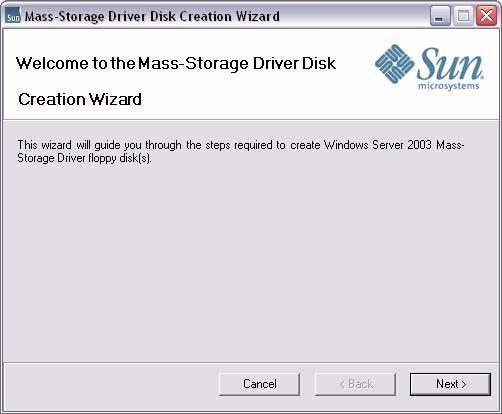 2. In the Mass-Storage Driver Disk Creation Wizard Welcome page, do the following: a.